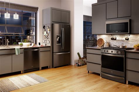 kitchen with grey cabinets and black stainless steel appliances|black stainless steel kitchen cabinets.